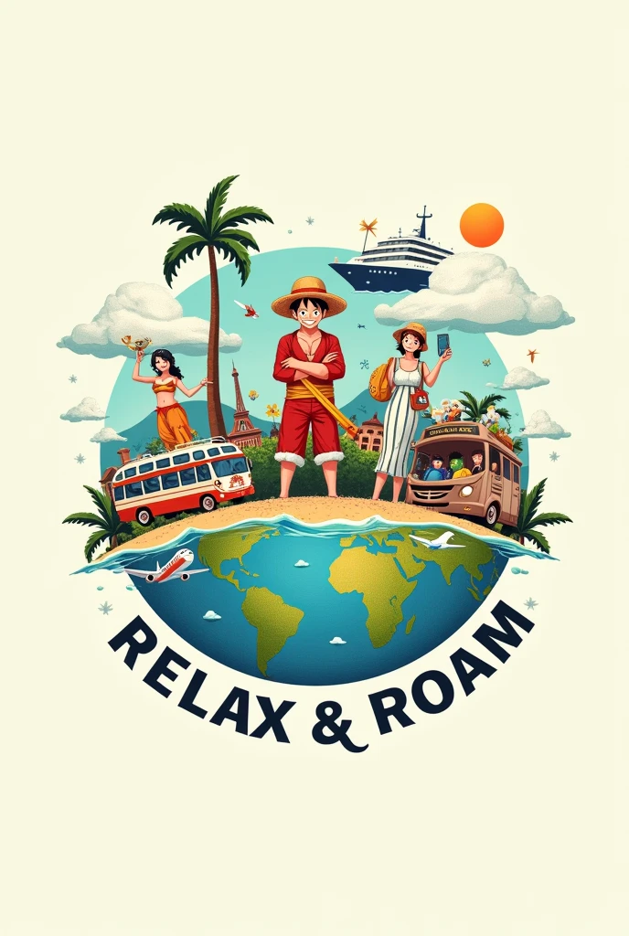 make me a logo of a Relax & Roam Travel with a vibe of relaxing vacations, inspired by one piece in a circle globe, bus, airplane, cruise ship, clouds, tour guides, travelers, guests and the name of travel agency is RELAX & ROAM TRAVEL
and it's slogan "explore more, worry less''