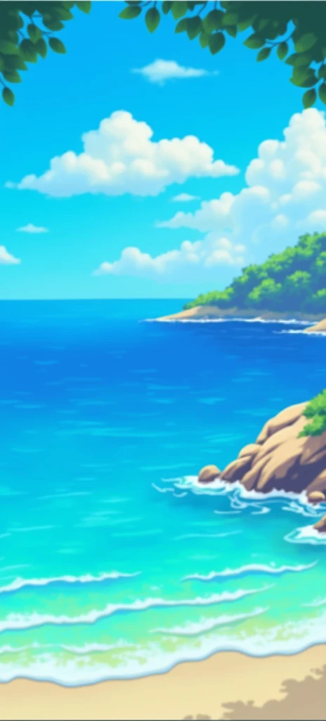 Game Background,seaside,beach,Blue sky and white clouds,Trees,European and American painting style,illustration,Thick coating