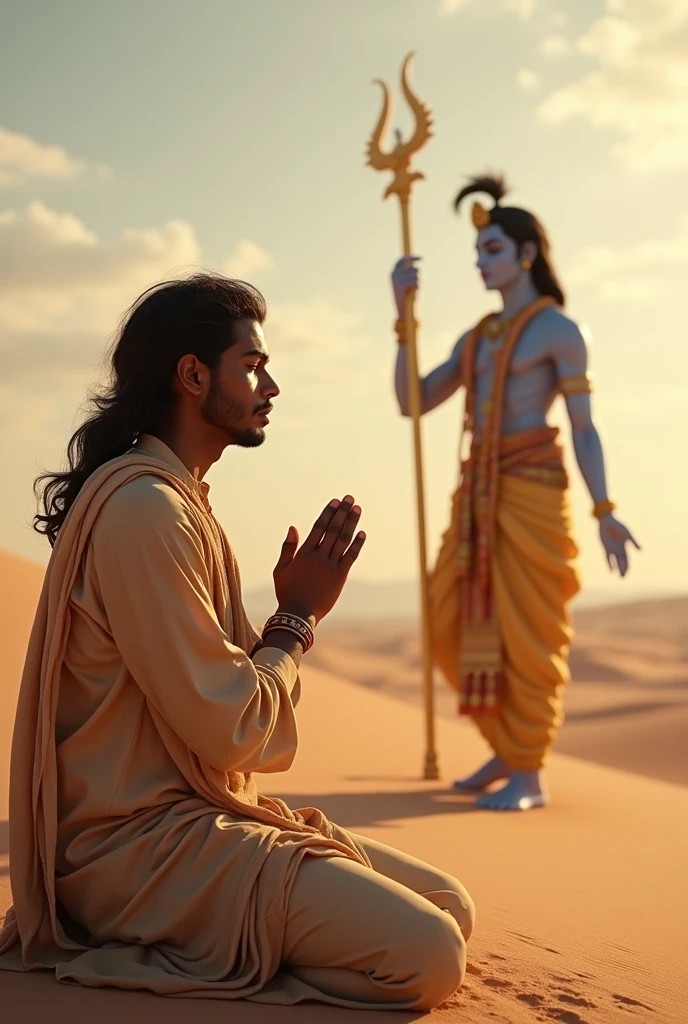 (photorealism:1.2) Rajasthani young man 2 praying with krishna God and Krishna is blessing the person in open sky and in desert
Rajasthan state map in background