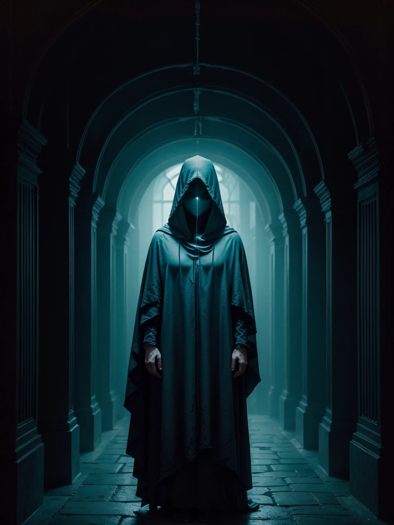 A mysterious hooded figure cloaked in darkness, standing in the center of an ancient, dimly lit corridor. The atmosphere is eerie, with soft turquoise and teal light shining from above, casting shadows around the figure. The background features old stone arches covered in web-like textures, adding to the ominous, mystical ambiance. The figure's face is completely hidden, shrouded in deep shadow, giving an otherworldly, ghostly presence. The overall mood is dark, ethereal, and haunting.