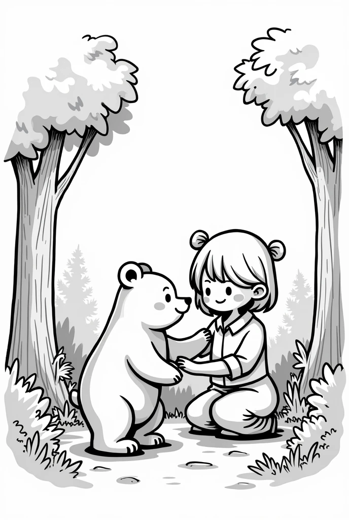 Raise a bear in the forest, tipo cartoon, uncolored, linhas grossas, completely white background
