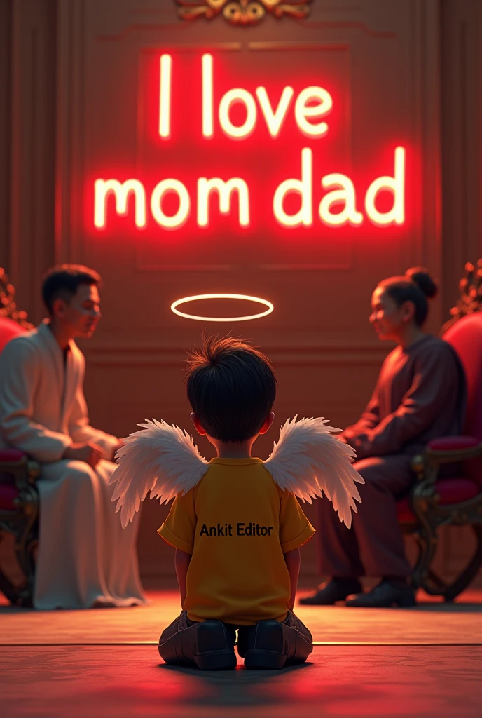 Create a 3D illustration for a profile picture where
a 2 boy's parents are sitting on a king's
throne. The boy is worshiping his parents. The boy is
wearing a yellow T-shirt. The name of the boy is Ankit Editor which is written on the T-shirt. I love MOM DAD
is written in big and bold red neon light font on the
brown wall. He must have a shadow and wings so
it looks like he is an angel. And the photo should be
clear 4k hd