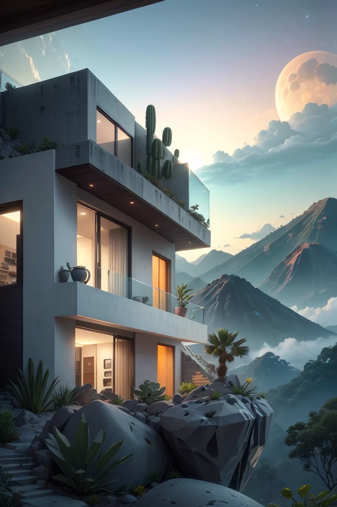 small and beautiful modern house in top of big boulders, terraces, pool, stairs, multiple cacti gardens, palms, trees, rocks, beautiful landscape design, mountains and volcano y background, amazing clouds, sun, moon, planets, milky way galaxy, concrete, wood, glass and steel materials, olive green, violet, orange and withe colors in facade
