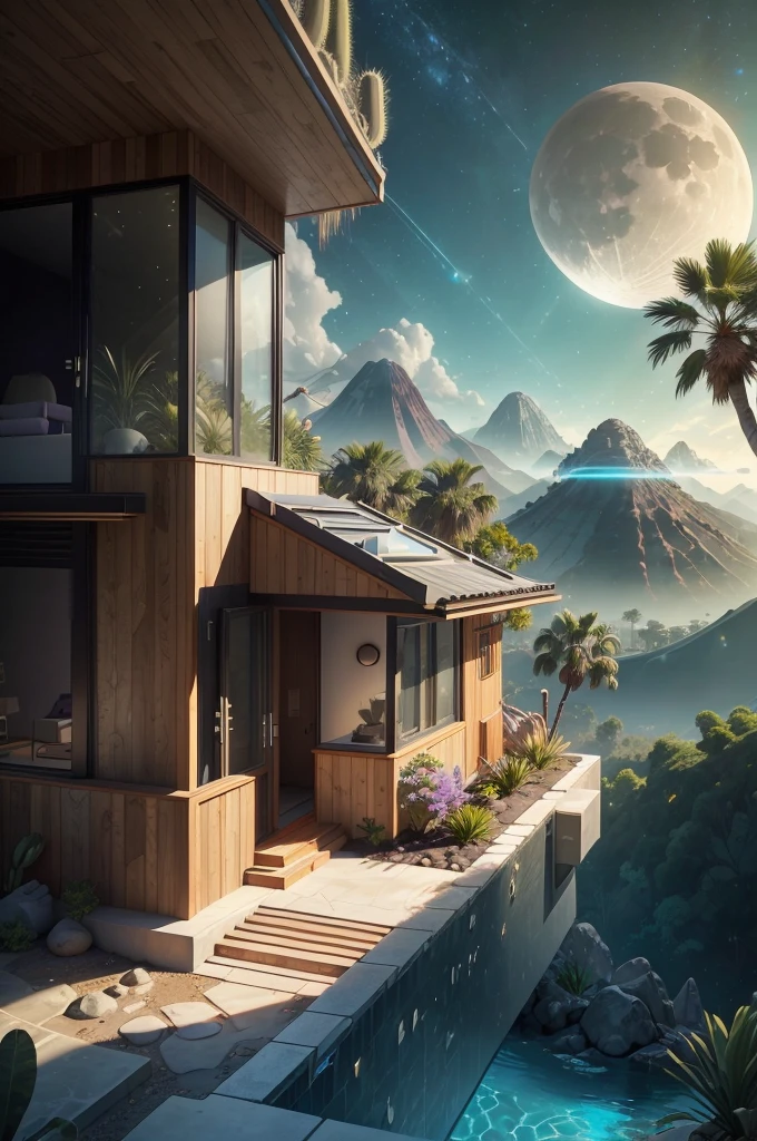 small and beautiful modern house in top of big boulders, terraces, pool, stairs, multiple cacti gardens, palms, trees, rocks, beautiful landscape design, mountains and volcano y background, amazing clouds, sun, moon, planets, milky way galaxy, concrete, wood, glass and steel materials, olive green, violet, orange and withe colors in facade