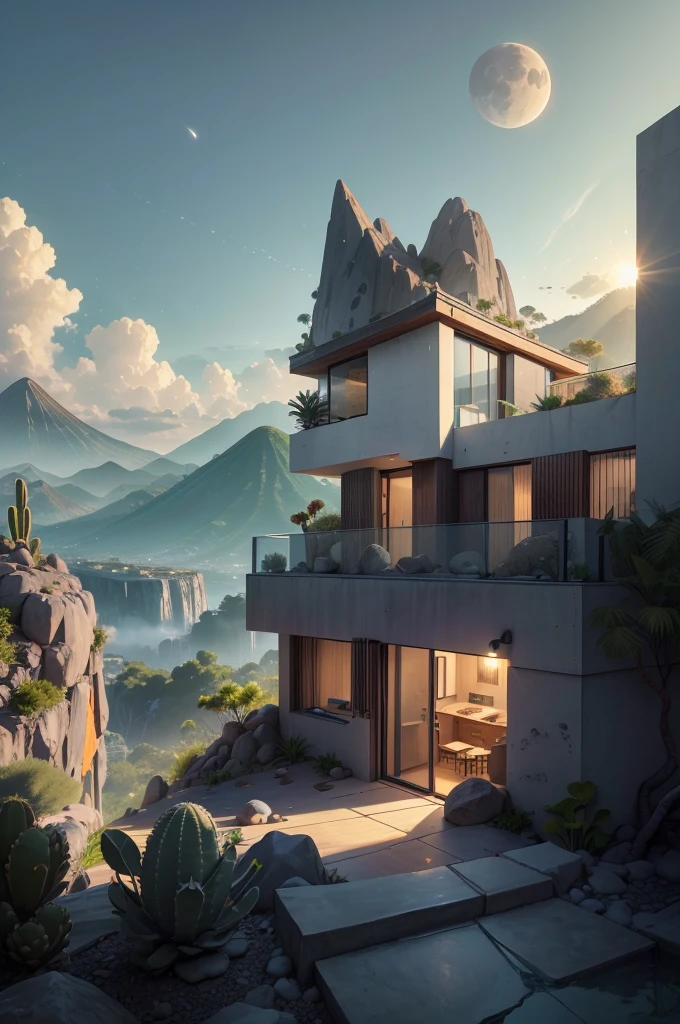 small and beautiful modern house in top of big boulders, terraces, pool, stairs, multiple cacti gardens, palms, trees, rocks, beautiful landscape design, mountains and volcano y background, amazing clouds, sun, moon, planets, milky way galaxy, concrete, wood, glass and steel materials, olive green, violet, orange and withe colors in facade