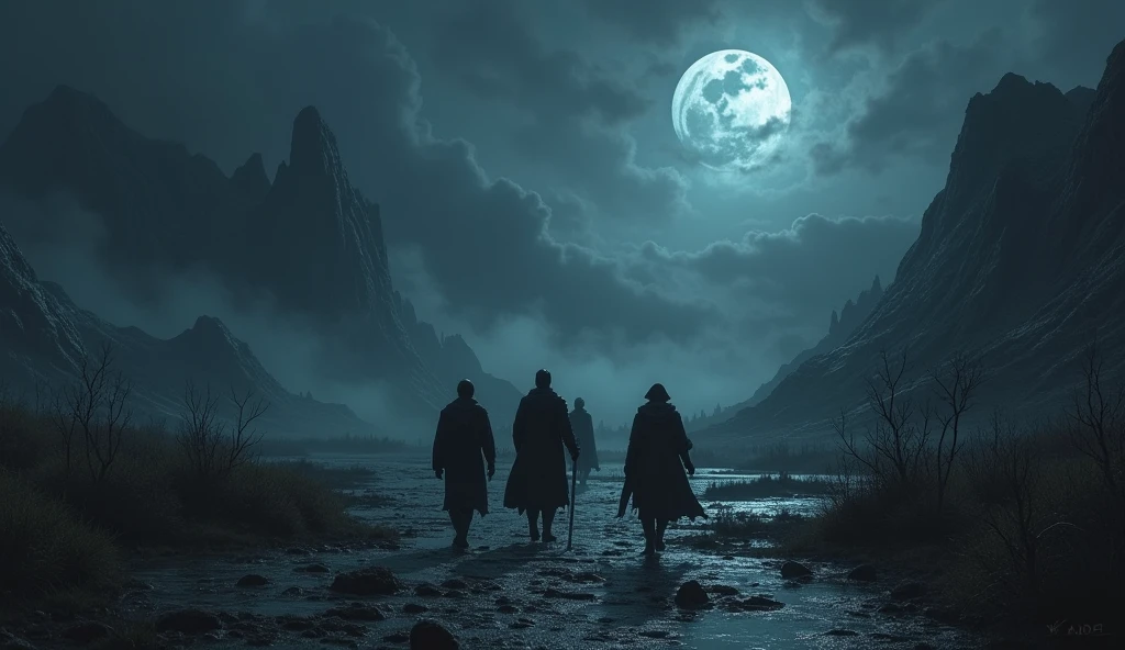 "A group of four, including a black knight and three guardians, navigating through a dark and foreboding landscape. The scene is set in a desolate land with treacherous mountains and murky swamps. The sky is perpetually dark, with low visibility. The black knight is leading, and the sorcerer named Valis uses his dark powers to illuminate their path. The atmosphere is tense, and Valis shouts a warning as ominous shadows emerge from the darkness, suggesting imminent danger. The style is dark fantasy with high contrast and dramatic lighting."