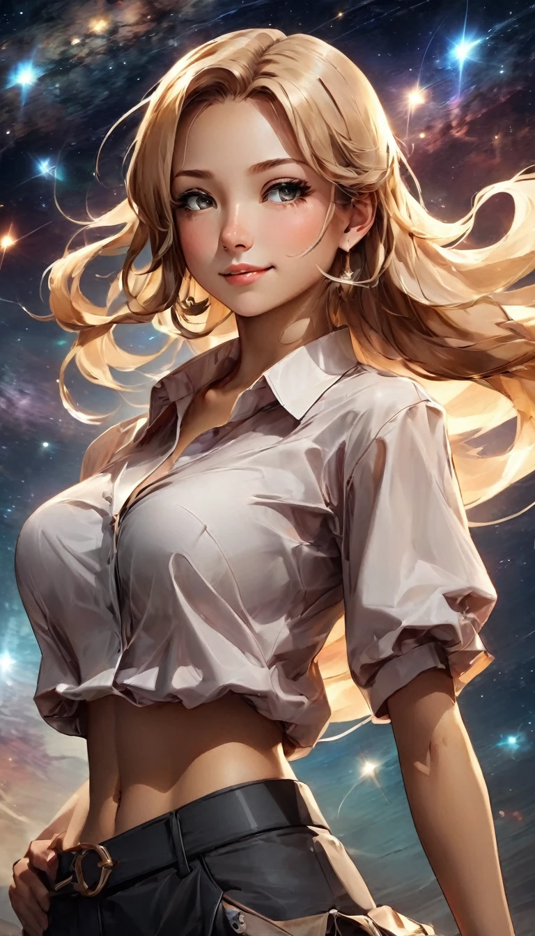 anime illustration, ((((highest quality)))), (((Ultra-precision CG 16K))), (((masterpiece))), BREAK skinny body, slender waist, medium Breasts, (((perky breasts))), ((sagging breasts)), (covered nipples), (((tanned skin, tan lines))) , BREAK (written in detail of face, smiling, blush, determined expression, sweaty , Heavy breathing, embarrassed, ) , (natural make), BREAK narrow eyes, (streaked hair, hair intakes, colored inner hair, ) BREAK (((wearing printed oversized clothing , wearing wide-leg-pants, breasts is covered by outfit, (detailed panty), Narrow aisles,))) , wearing earrings , BREAK ( stick breast out,) BREAK (( ripples , horizon , under the cosmic sky on the cosmic sea , cosmic effects, milky way, a girl blended into the background )), (((bustup shot, looking at viewer, extremely detailed eyes ))), BREAK ((cinematic , pinup magazine pose, dancing , scoop water with both hands