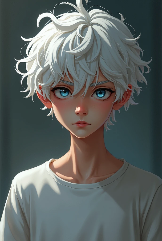 Boy over with a serious attitude, white hair with curls, blue eyes, low shine, not so much with a t-shirt