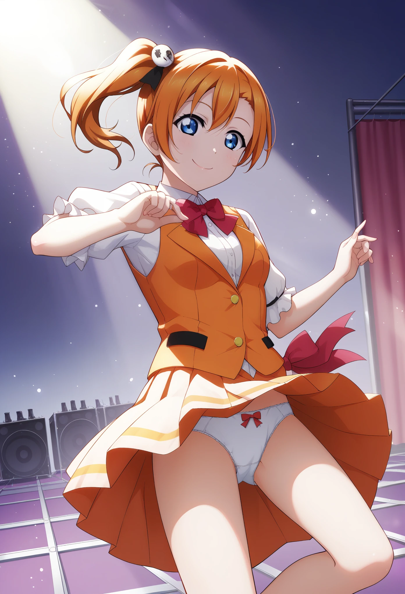 score_9, score_8_superior, score_7_superior, score_6_superior, sauce_anime, One person, Honoka Kousaka, lovelive!, score_9, score_8_superior, score_7_superior, score_6_superior, sauce_anime, blue eyes, Orange Hair, Medium chest, Side Ponytail, Medium Hair, Idol, dancing, noon, stage, Outdoor, sunlight, Idol衣装, White panties, Panty shot, alone, Skirt that flips up big, smile