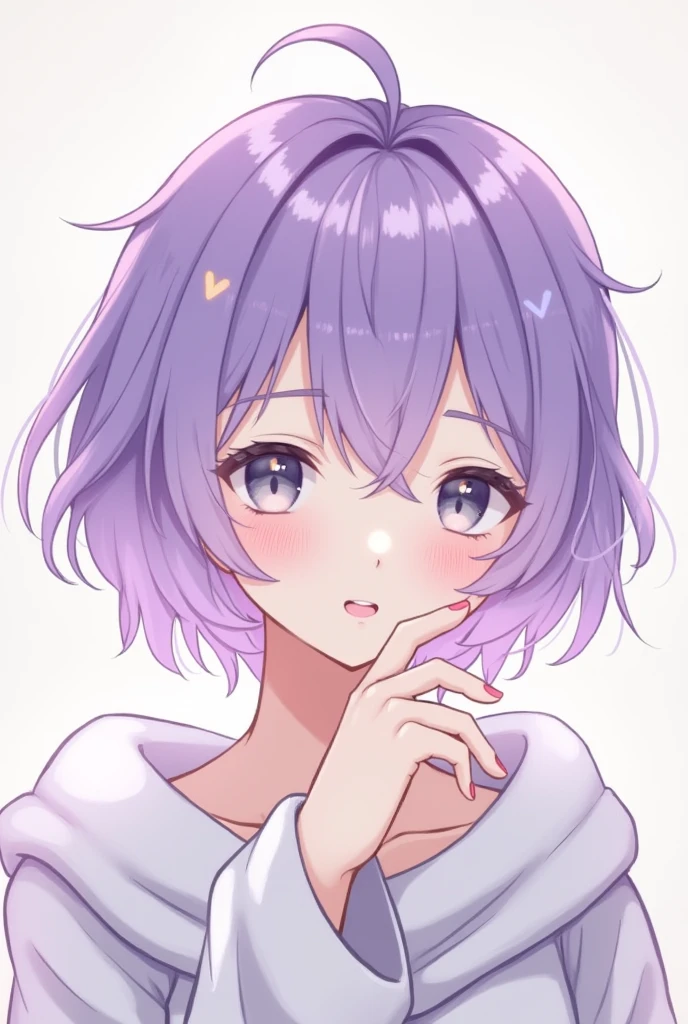 Short feminine male, purple hair, grey eyes, uwu, adult