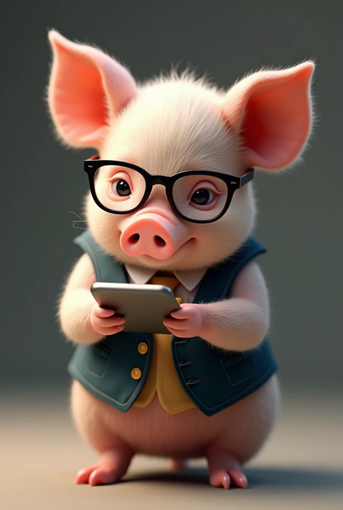 A  pig looking at his cell phone with clothes on (vest) that has glasses