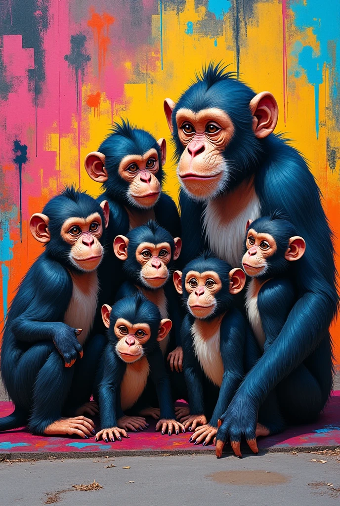 Create me a graffiti of a family of monkeys that has 3 babies, two teenagers, 6 adults and mom and dad