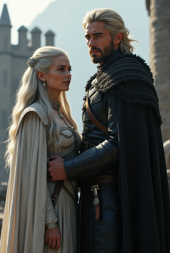 Create the image of a Targaryen woman alongside Jaime Lannister