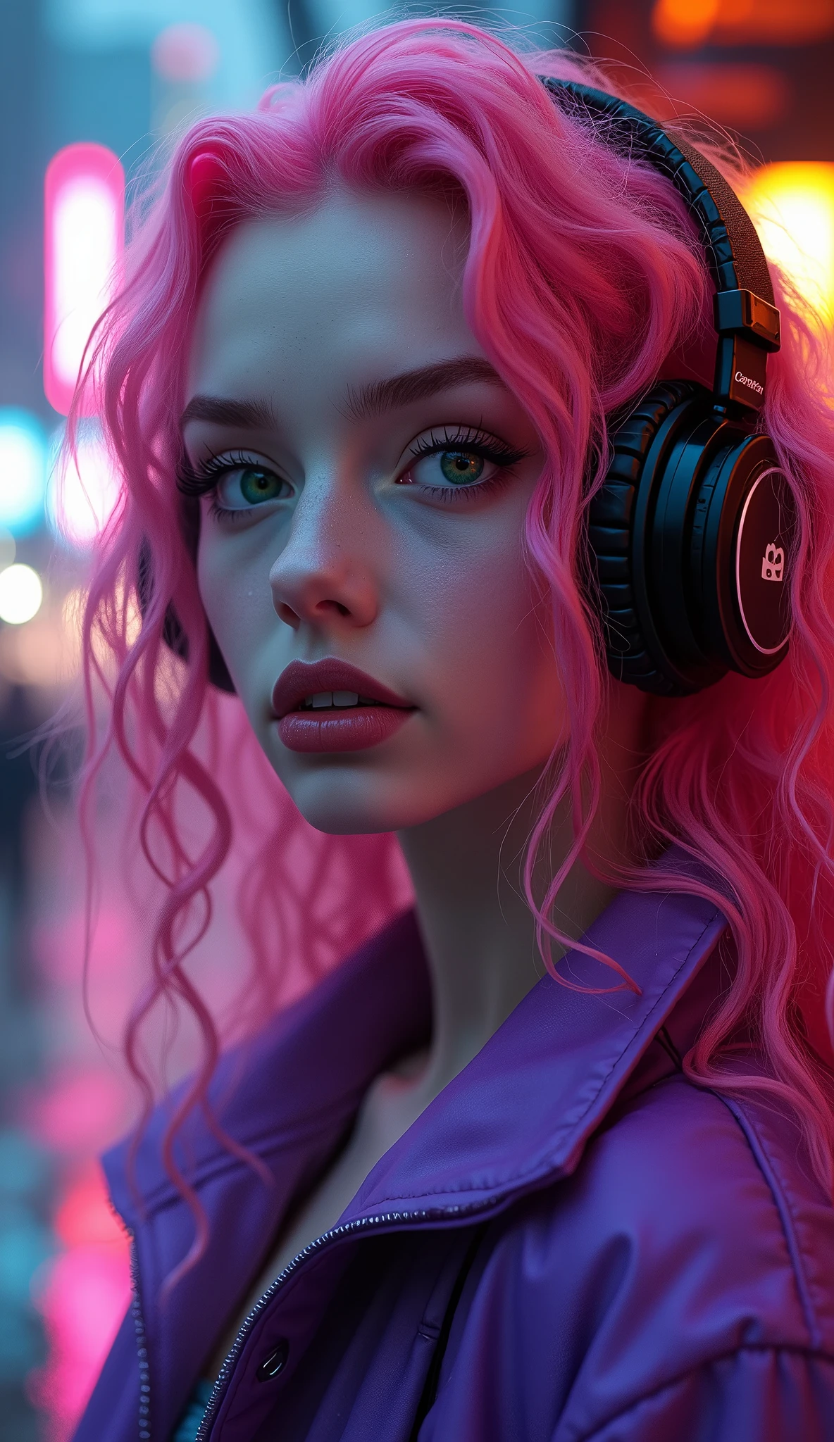 (Close-up of a better masterpiece: 1.5) 0.9], (Garota synthwave VAMPIRA , : 1.2) (PINK long curly hair, Wearing Headphones: 1.1) (Xanthochromia, heterochromia and GREEN eyes: 1.2) (wearing a purple jacket: 1.0) (thick lips: 1.0) (background a dark and rainy futuristic city: 1.1) high definition, in detail, 4K