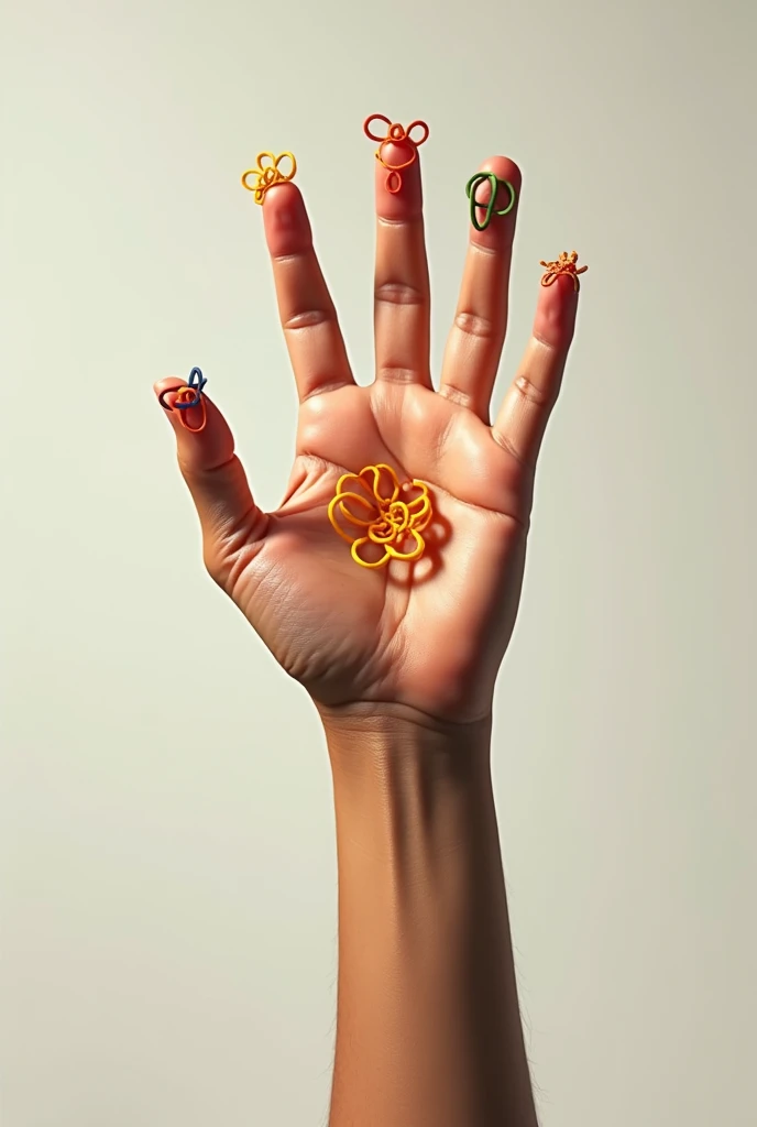 You could use one hand with all five fingers extended., where each finger has a symbol or color that represents a flavor. Another option is to use five rubber bands arranged in a circle., as if they were the petals of a flower, with a glass of michelada in the center.