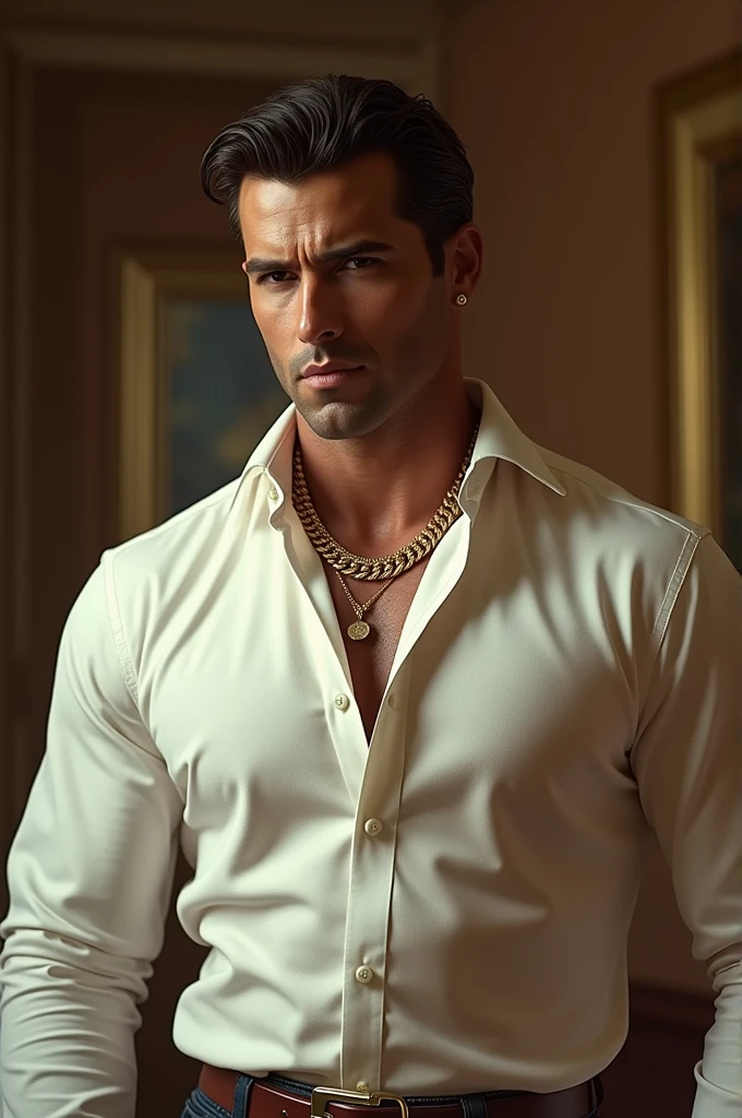 Tony Montana in a white shirt with a gold chain