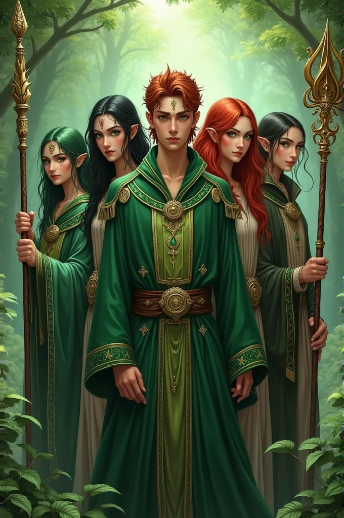 Group of 5 members, human green eyes, black hair, staff, green clothes, An elf, red hair and green eyes