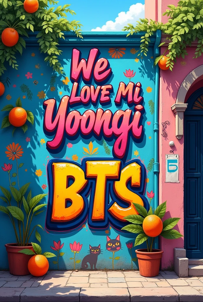 Wall on a Brazilian street with graffiti saying 'we love you Mi Yoongi' and BTS. Place drawings of tangerines, cat and small lotus flowers .