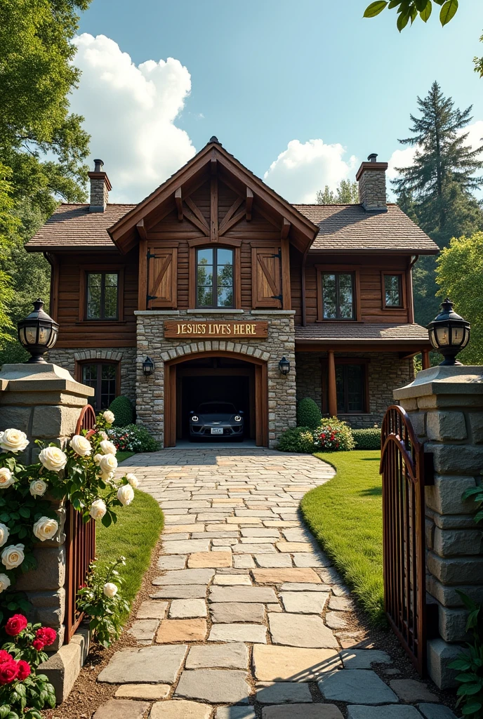 Panoramic image of a two-story country mansion with a wooden and stone facade and a sign that reads JESUS LIVES HERE, with leaf garden, flowers and fruits, with a large garage with a luxury car and a gate with a stone path to the house with white and red roses on the sides