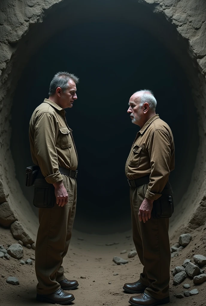 At the entrance of a mine, a foreman with a serious expression talks to an old father.