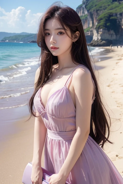 masterpiece, high resolution, best quality, Very detailed, pink eyes, beautiful woman, purple dress，beach，long hair