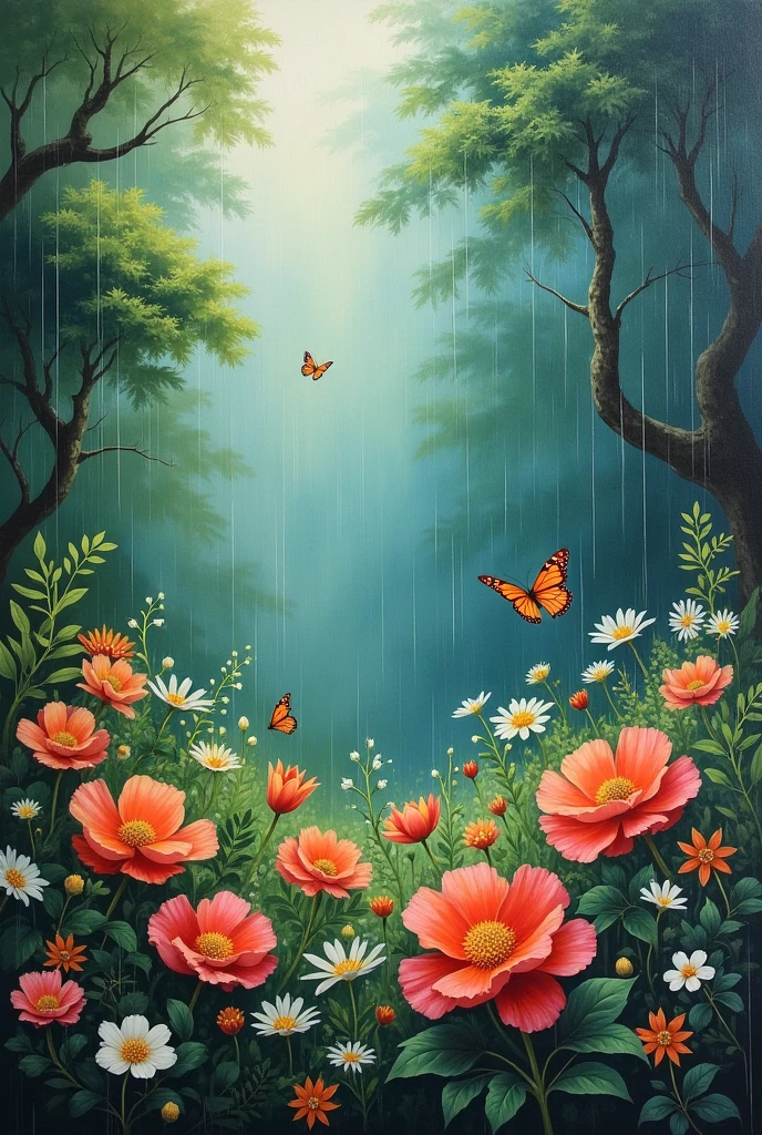 Some only Flowers in forest painting only flowers no tree but butterflies hona chahiye only only flowers monsoon season rain on flowers