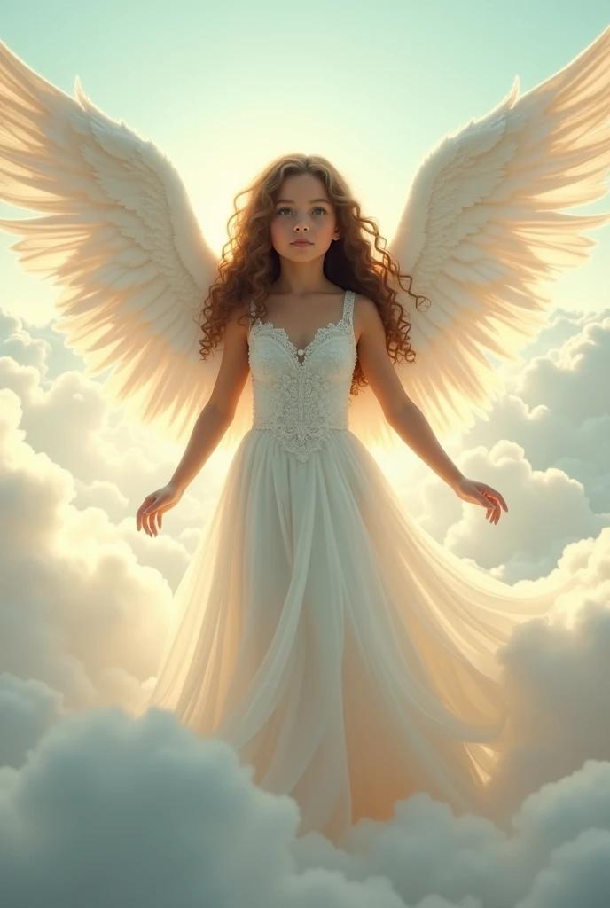 a girl with light brown skin, green eyes and curly brown hair dressed as an angel, She has a white dress and big wings.