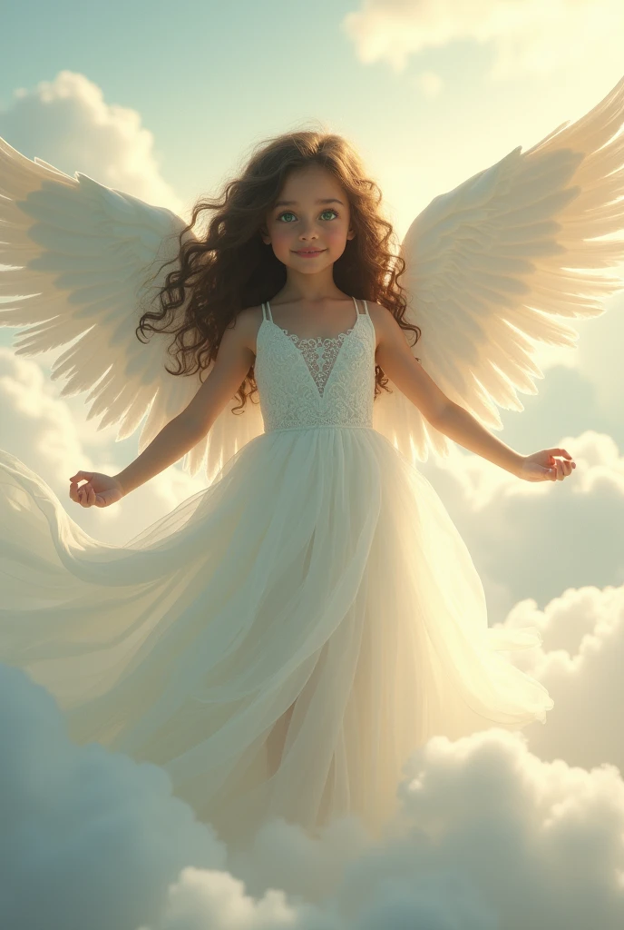 a girl with light brown skin, green eyes and curly brown hair dressed as an angel, She has a white dress and big wings.