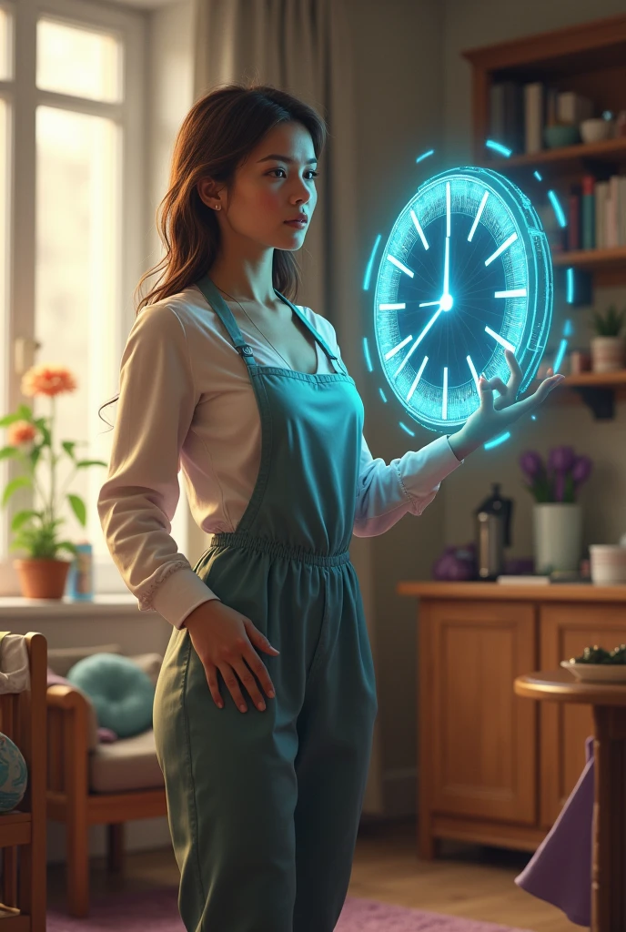 mother woman, Working at home, childcare and a clock hologram representing how there is time for everything in control of your time