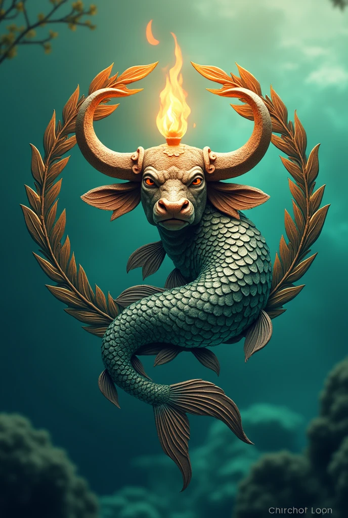 Design a logo featuring a unique combination of a fish and a water buffalo, adorned with a torch and laurel elements. Incorporate shades of green and blue to convey a sense of harmony and tranquility. Be creative and innovative in showcasing the fusion of these symbols to symbolize strength, power, and growth.