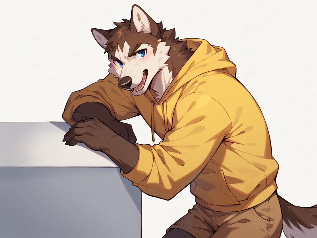 score_9, score_8_up, score_7_up, high quality, hires, anthro, male, husky, brown fur, brown ears, mostly white fur, blue eyes, yellow hoodie, brown shorts, white background,