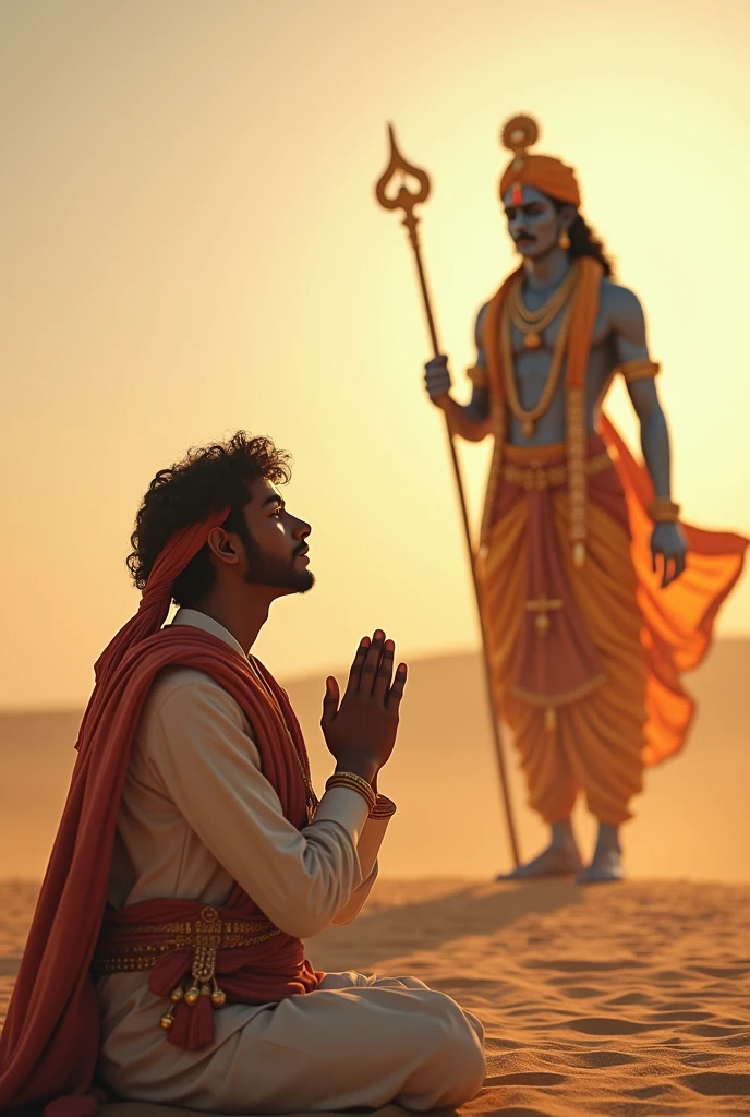 (photorealism:1.2) Rajasthani young man 2 praying with krishna God and Krishna is blessing the person in open sky and in desert
Rajasthan state map in background