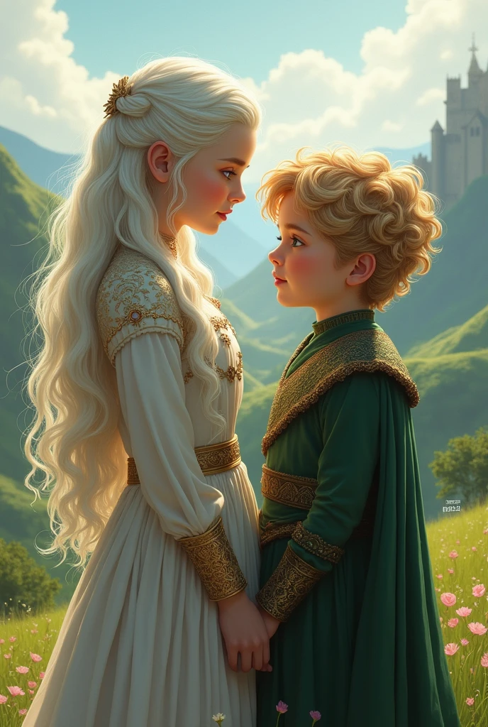 Create the image of a Targaryen woman next to a Jaime Lannister man, of golden hair. Both young boys.