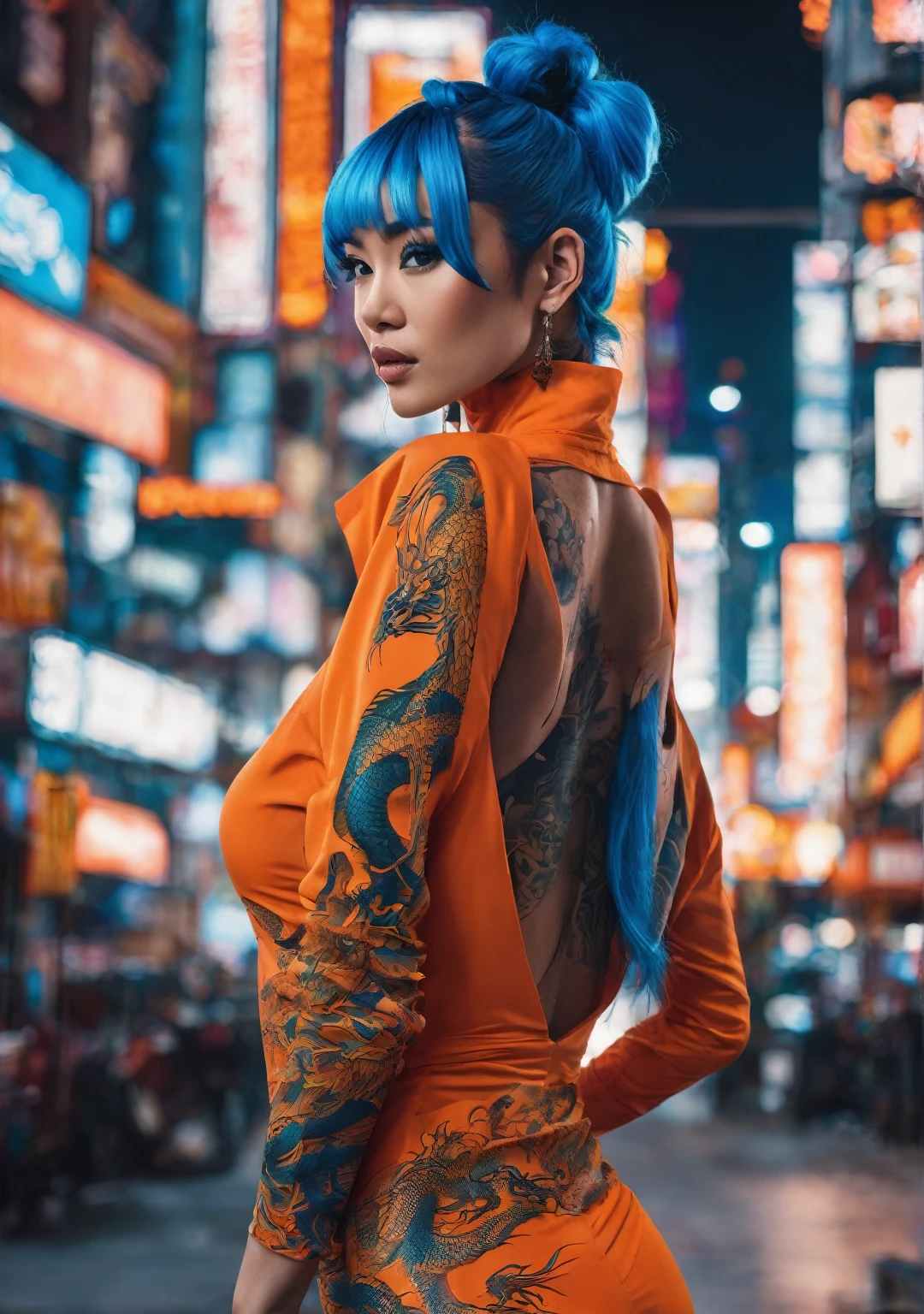 A captivating fashion photograph featuring a confident woman with vibrant blue hair styled in a high ponytail. She wears a form-fitting orange outfit with a plunging neckline and a form-fitting design that highlights her confident stance. Her body is adorned with intricate tattoos, with a dramatic dragon design prominently featured on her right thigh. The neon city environment surrounding her is filled with Asian script signs, creating a futuristic and vibrant atmosphere. The woman’s powerful presence commands the attention of everyone who watches this breathtaking scene.NSFW