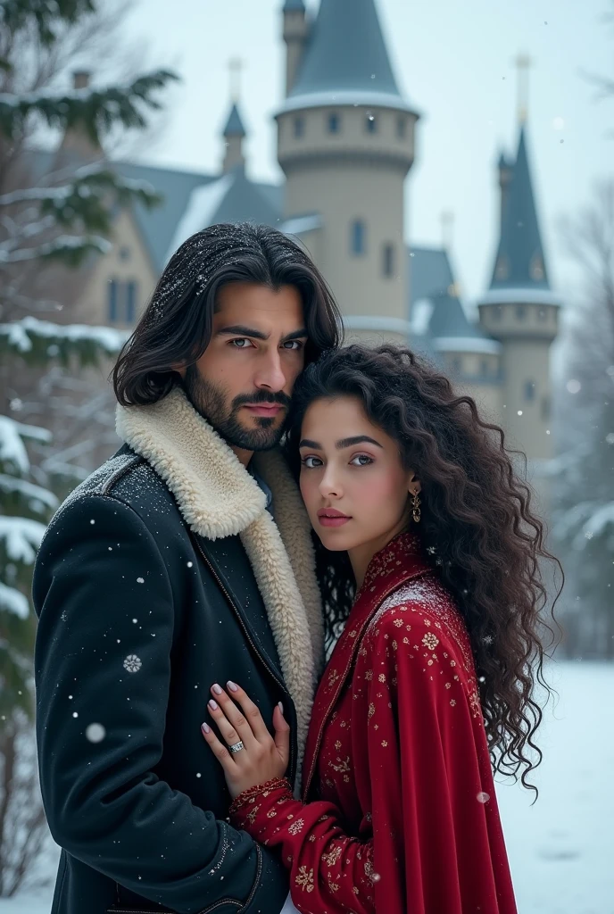 Book cover destiny traced actor Can Yaman big hair black actress curly hair there is a teenager daughter eleven year old couple straight black hair castle snow Christmas