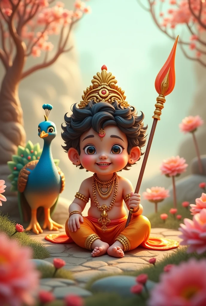 God murugar with peacock and vel creative cute smiling born baby sitting pic more fantasy 3D