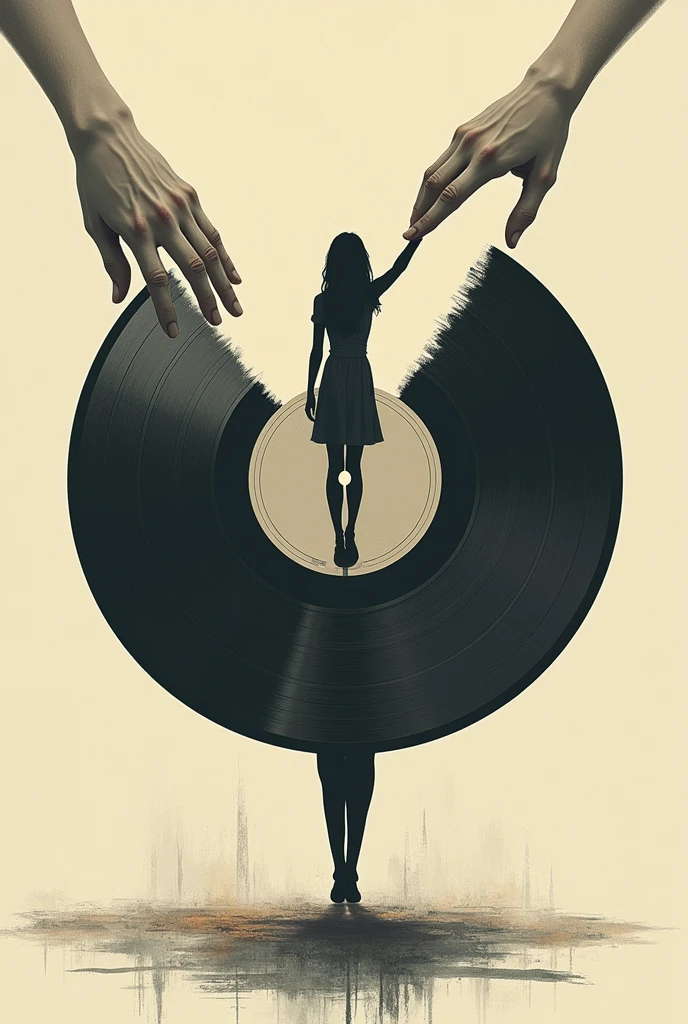 Music layer: lp disc with a shadow of a girl walking away and a hand on 1 person trying to hold her