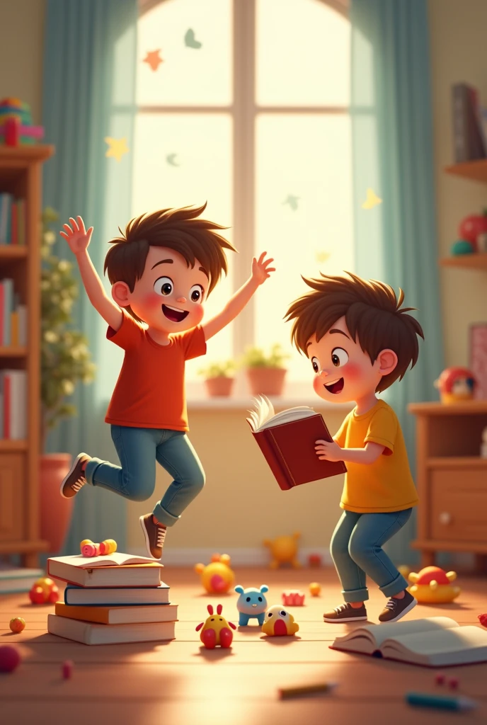 Twins of are at home one boy is jumping and playing with his toys in happy mood other boy is reading books