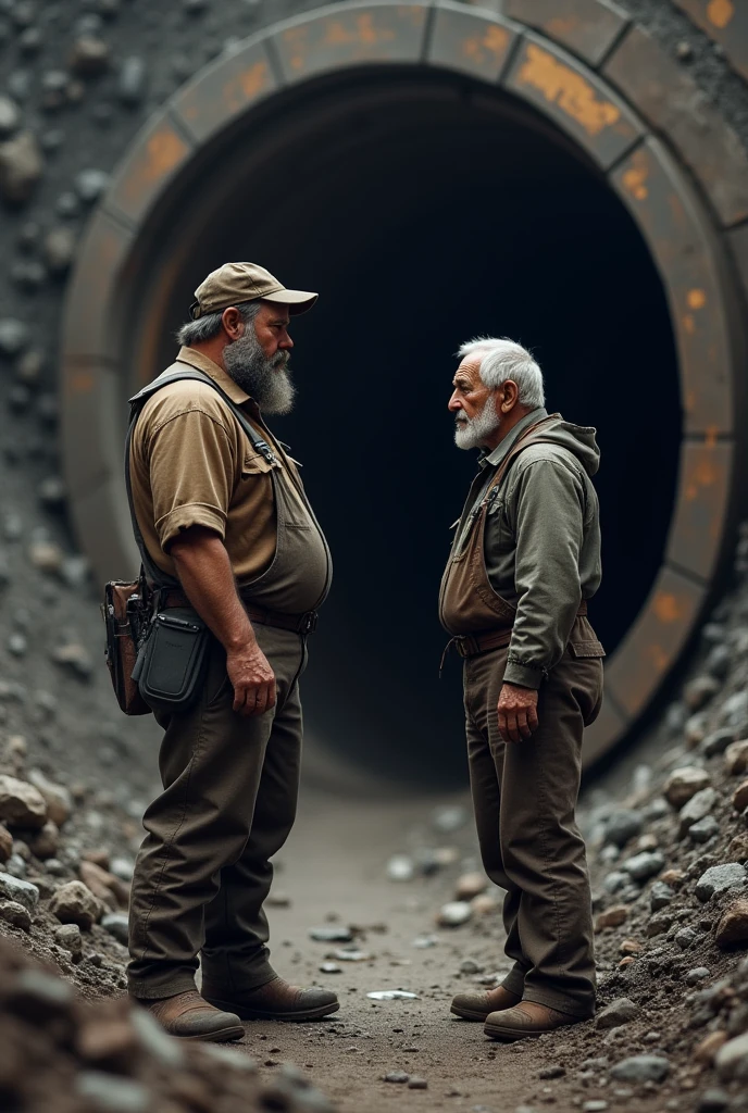 At the entrance of a mine, a foreman with a serious expression, a beard and a cap, talks to an old father. 