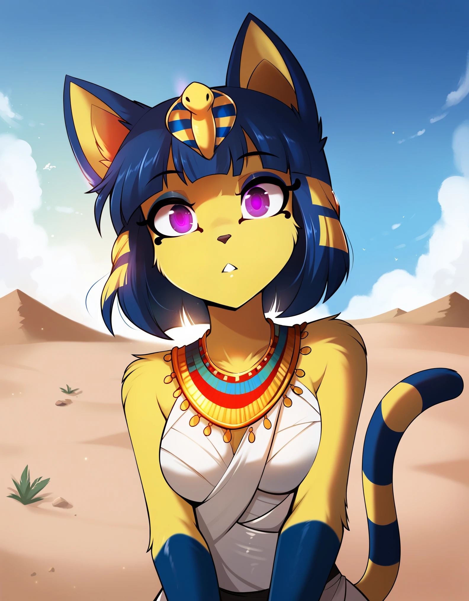 score_9, score_8_up, score_7_up, shadowillstyle, depth of field, 1girl, furry, ankha \(animal crossing\), expressionless, eye reflection, yellow background, yellow theme, blue background, desert, spiral eyes, purple eyes, glowing eyes, wide-eyed, paw pose, looking at viewer, close-up, parted lips, tomfischbach