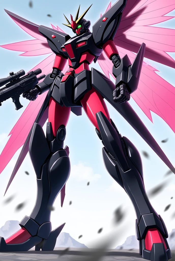 Black, Pink red color, anime, Giant Robot, fluid, Junmin, Sniper, High firepower, heroic, Thin legs, Super robot full body image, Sniper stance, Fighting with the enemy, Simple Background,universe,