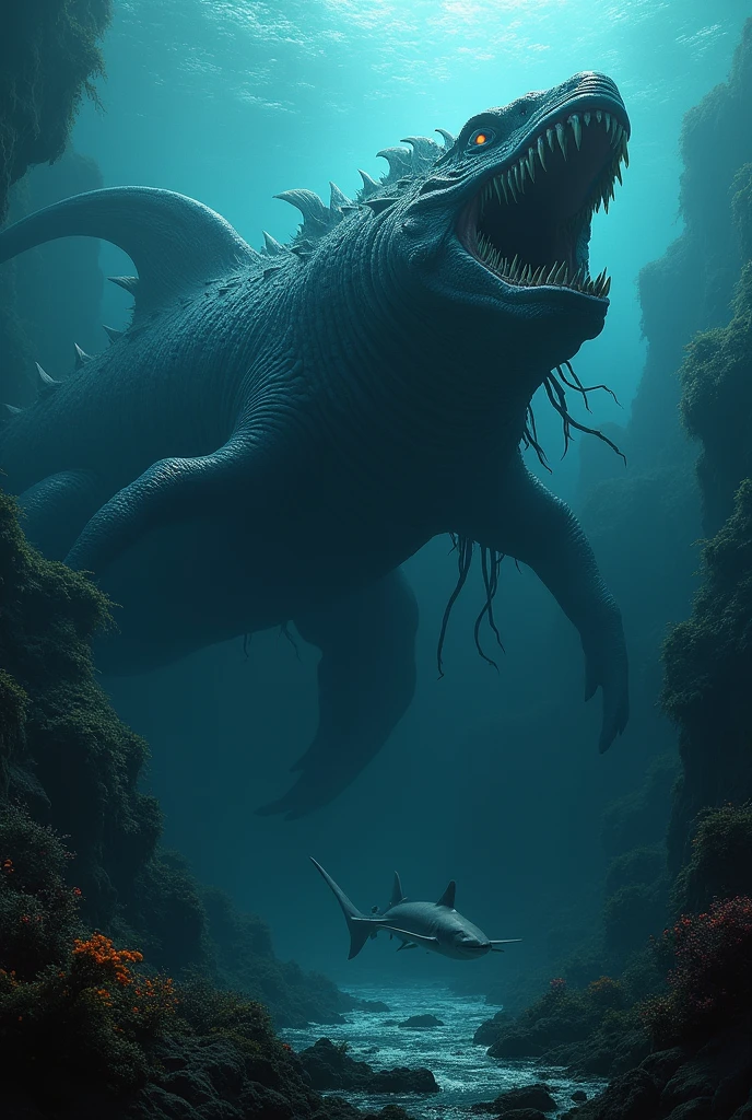 Want to create a big megalodon with dragon scales and squid tentacles with glowing eyes, eat a shark, deep sea background, scary, mysterious, high definition image,