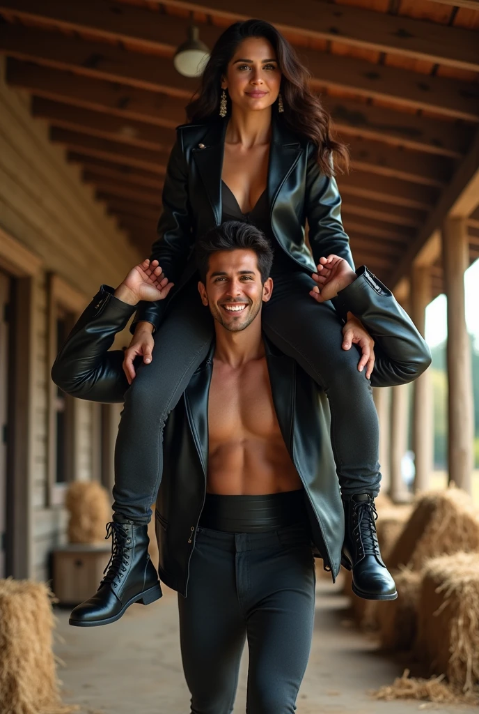 Smiling Nora fatehi in black leather jacket lifting and picking up a large chubby man in her arms on shoulders in a farmhouse , full view