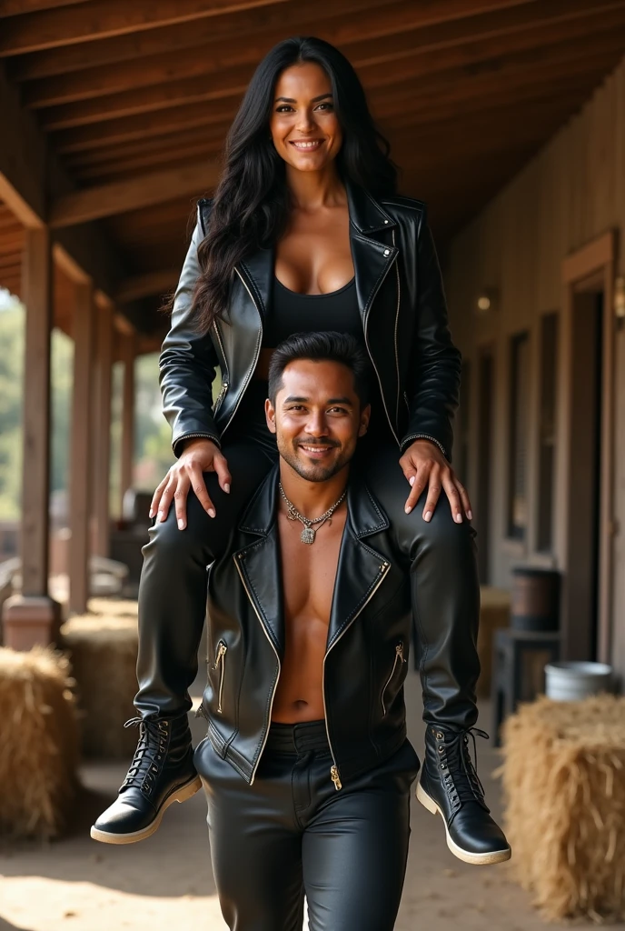 Smiling Nora fatehi in black leather jacket lifting and picking up a large chubby man in her arms on shoulders in a farmhouse , full view
