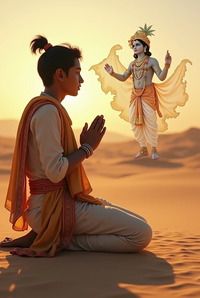 (photorealism:1.2) Rajasthani young man 2 praying with krishna God and Krishna is blessing the person in open sky and in desert 
Rajasthan state map in background 