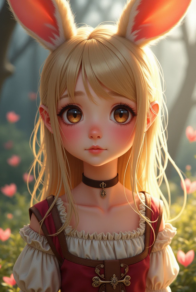 A girl with bunny ears, innocent face, dark blonde hair, ((medieval outfit)), ((Anime Style)).