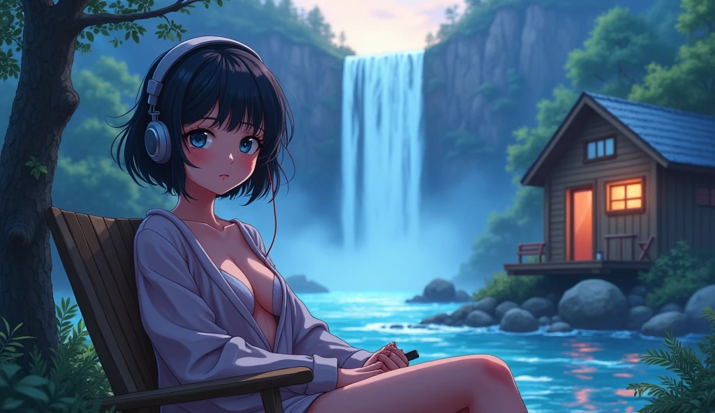 A woman wearing a white bikini and headphones、A beautiful night view behind、Big Breasts、sexy、Indoor pool with a night view、Moonlight、Unbuttoned、Downlight、full moon、Stylish interior、Ruby Eye、Woman lying on a vinyl boat