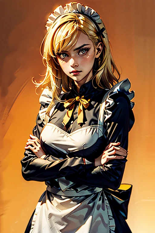 1girl, apron, blonde hair, bow, breast hold, breasts, brooch, closed mouth, crossed arms, dress, dusk, enmaided, evening, frown, ginkgo leaf, gradient, gradient background, long hair, long sleeves, looking at viewer, maid, maid apron, maid headdress, medium breasts, orange background, orange sky, orange theme, ribbon, solo, sunflower, sunset, v-shaped eyebrows, white apron, yellow background, yellow sky, yellow theme
