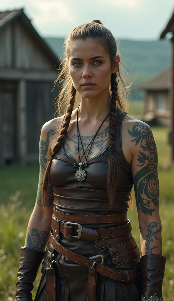 In the background of a background village,, an ultra-realistic woman viking, leather clothing, viking tattoos, stands in soft lighting. This photography-inspired composition captures the soft details of the subject, with ultra-high detail and cinematic aesthetics. image is a masterpiece of ultra-realism and detail