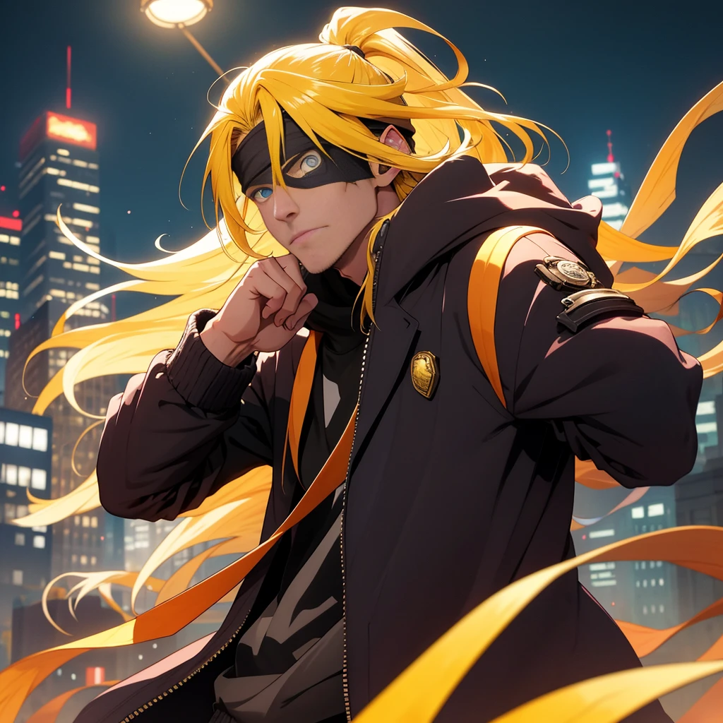 A man,Handsome,Long Pony-Tail Hair, Bang, yellow hair, blue eyes, eyepatch, nightcity,Manhwa-Style, Sateen,Hoodie-coat large, Wizard Coat,Put your hands in your pockets